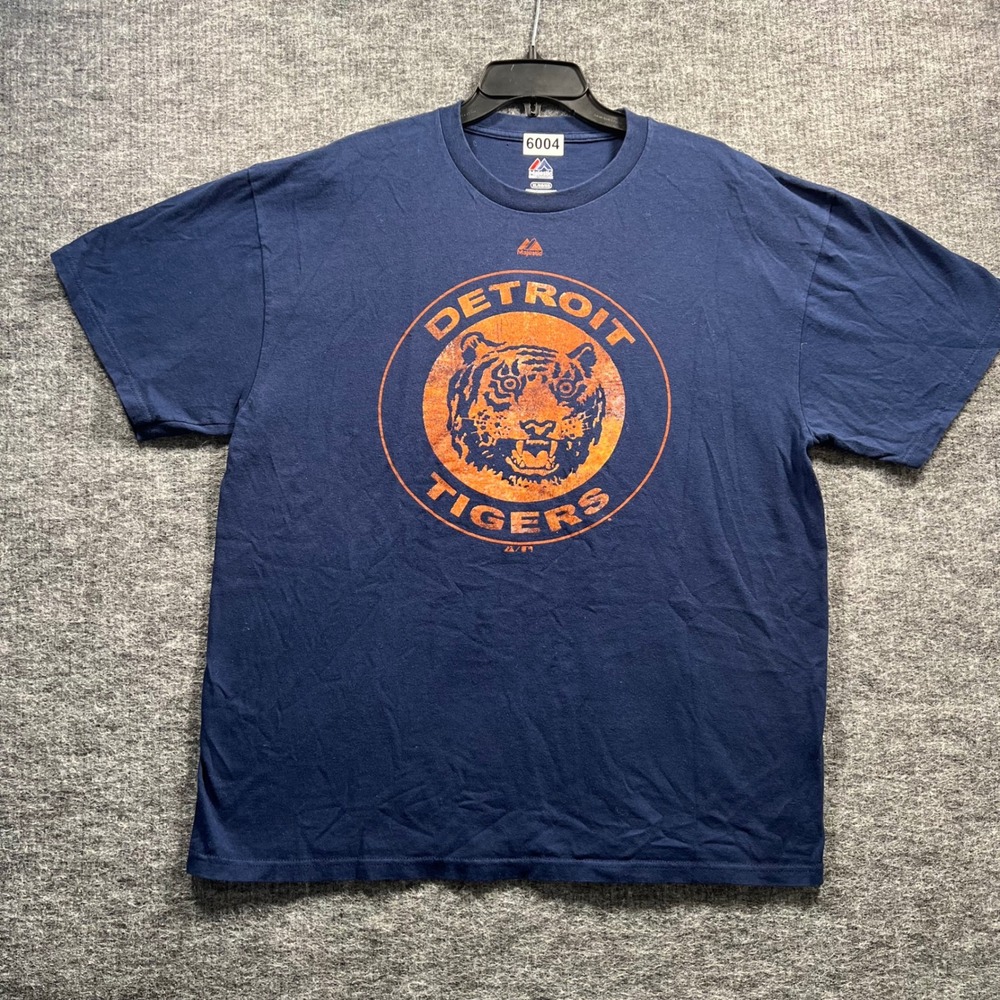 Majestic Detroit Tigers MLB Graphic T-Shirt Mens XL Navy Blue Orange Logo